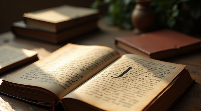 Livres anciens ouverts avec noms commençant par J sur une table en lumière naturelle