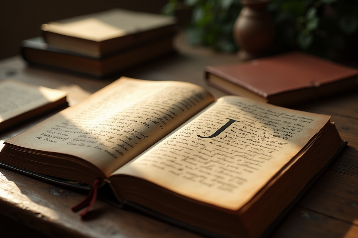 Livres anciens ouverts avec noms commençant par J sur une table en lumière naturelle