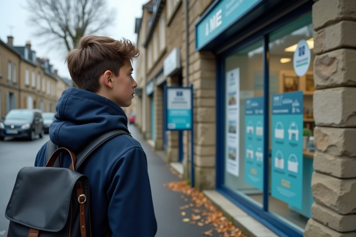 Lycéen devant une agence MAE assurance scolaire en ville pour déposer son dossier