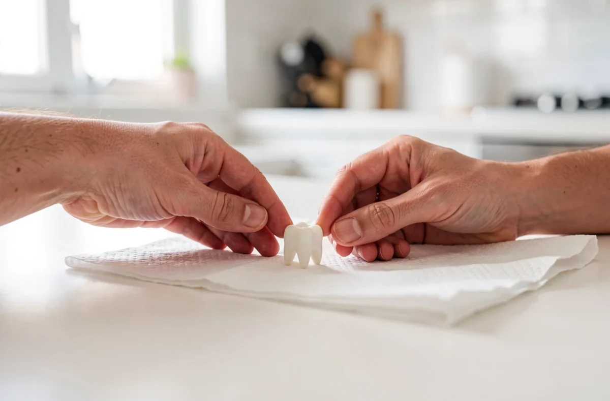 Mains d'un parent séchant une dent de lait sur du papier absorbant