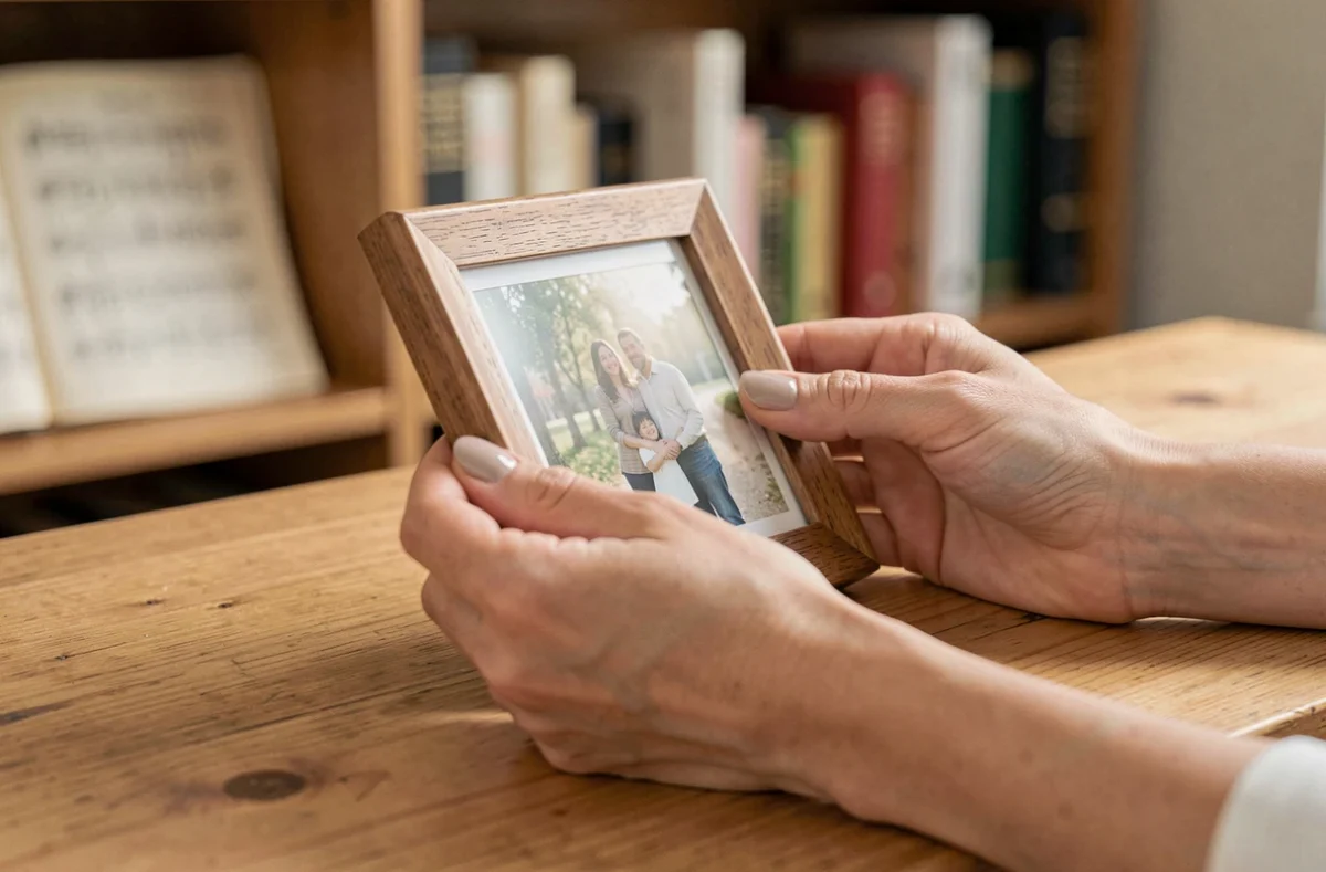 Mains tenant une photo de famille encadrée sur un bureau en bois, symbolisant la discrétion et la protection de la vie familiale
