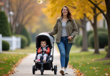 Jeune maman américaine souriante avec poussette dans quartier