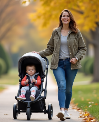 Jeune maman américaine souriante avec poussette dans quartier