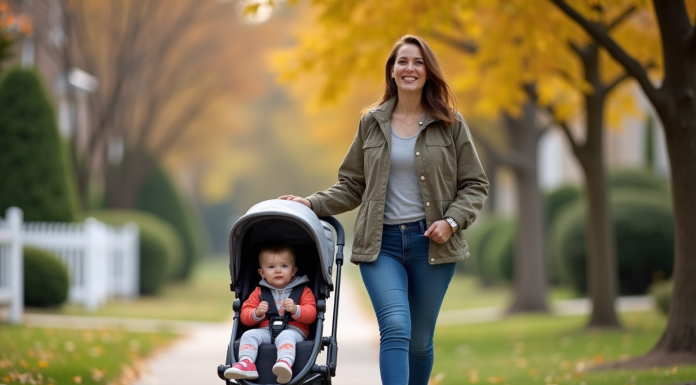 Jeune maman américaine souriante avec poussette dans quartier