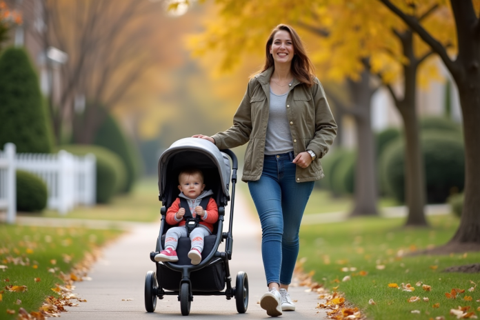 Jeune maman américaine souriante avec poussette dans quartier