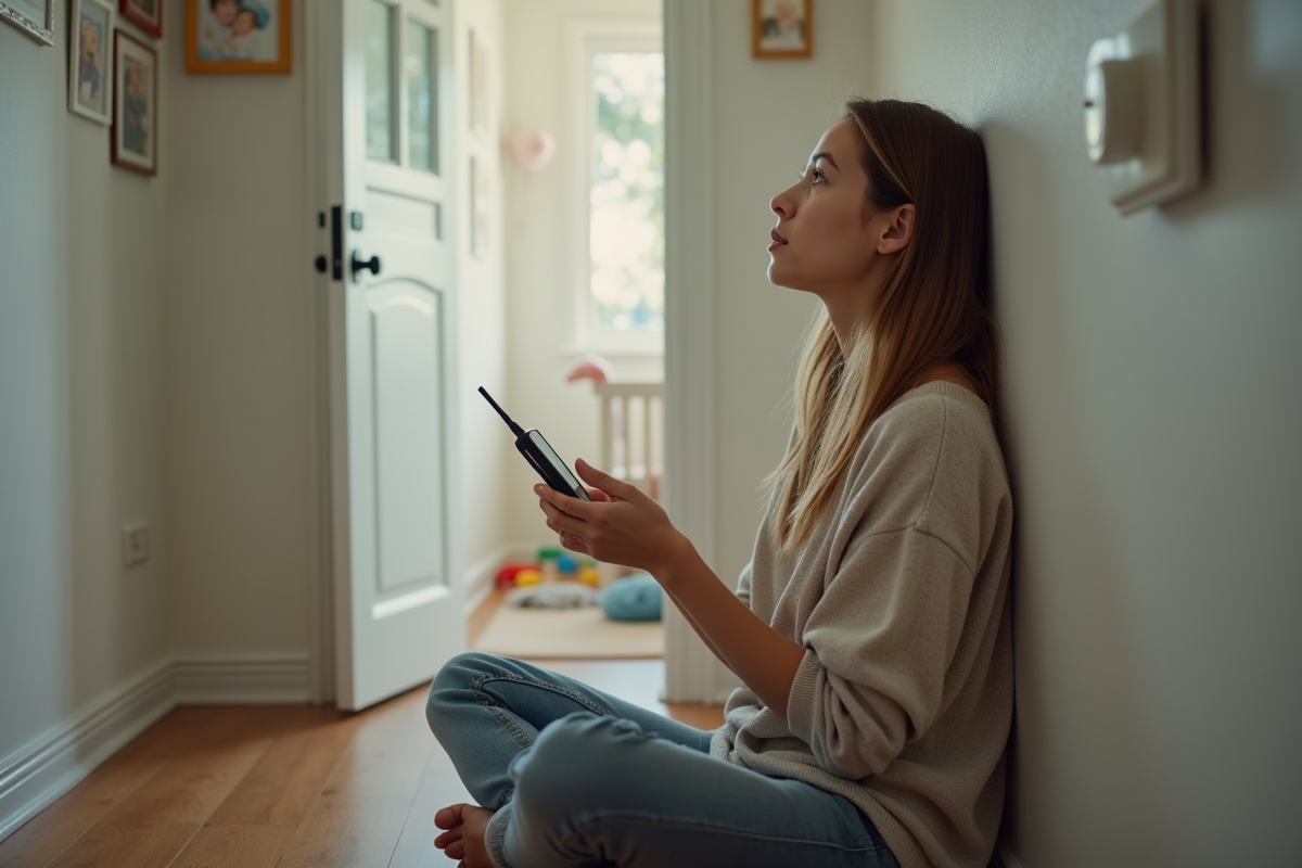 Maman assise dans le couloir avec un moniteur de bébé à la main