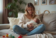 Femme avec bébé dans un salon chaleureux et cosy