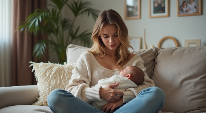 Femme avec bébé dans un salon chaleureux et cosy