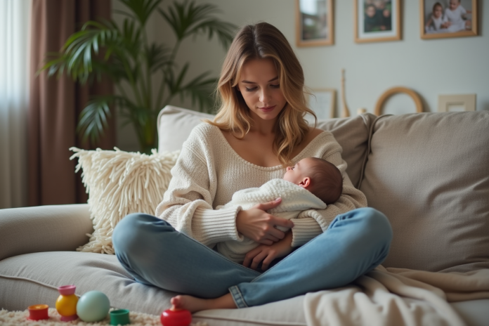 Femme avec bébé dans un salon chaleureux et cosy