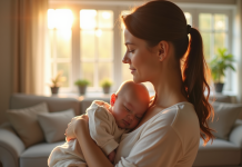 Maman calme tenant son bébé dans un salon lumineux