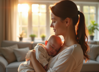 Maman calme tenant son bébé dans un salon lumineux