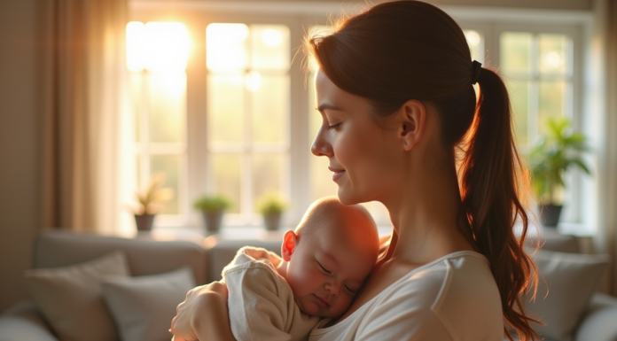 Maman calme tenant son bébé dans un salon lumineux