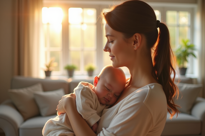 maman-bebe-douceur-lumiere Maman calme tenant son bébé dans un salon lumineux