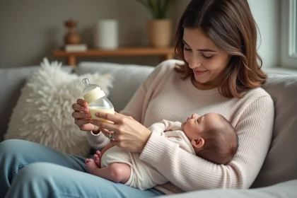 Jeune maman avec bébé en main dans un salon chaleureux