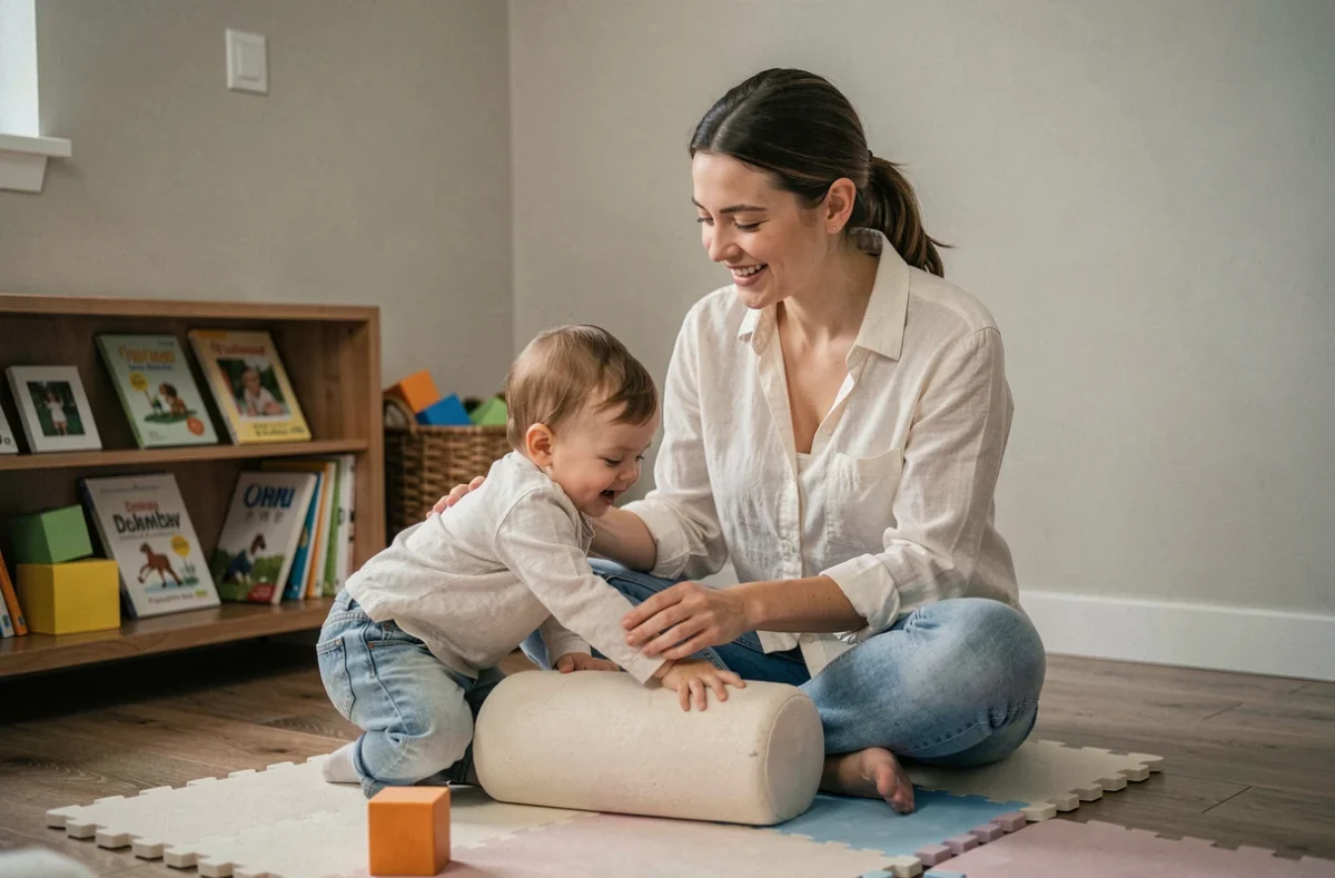 Maman et bébé interagissant sur un parcours motricité dans un coin jeu aménagé d'un appartement moderne en soirée