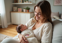 Maman souriante tenant son bébé dans un salon moderne