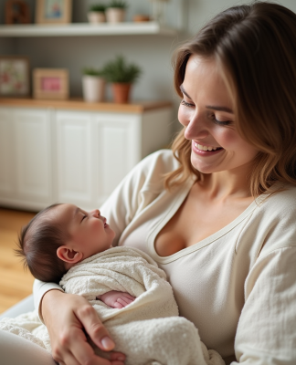 Maman souriante tenant son bébé dans un salon moderne