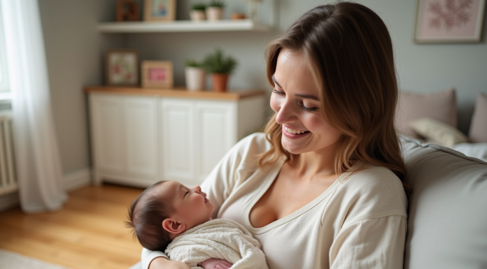 Maman souriante tenant son bébé dans un salon moderne