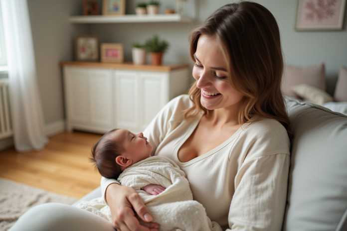 Maman souriante tenant son bébé dans un salon moderne
