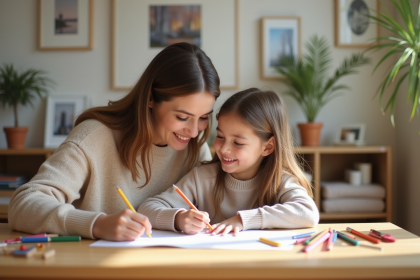 Maman et fille dessinant dans un salon lumineux