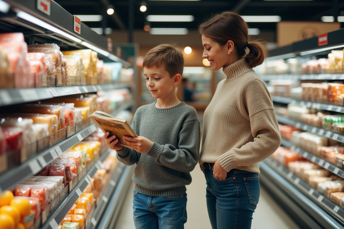 Mère et fils choisissent des produits dans un supermarché lumineux