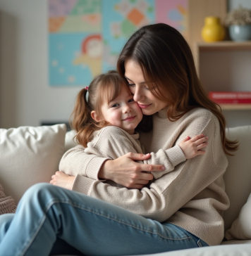 Maman et fille câlines dans un salon familial chaleureux