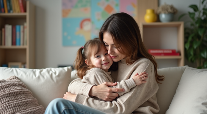 Maman et fille câlines dans un salon familial chaleureux