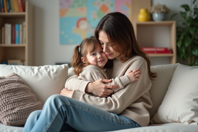 maman-fille-cocooning-maison Maman et fille câlines dans un salon familial chaleureux
