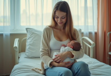 Jeune maman avec bébé dans une maternité des années 1990