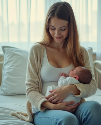 Jeune maman avec bébé dans une maternité des années 1990