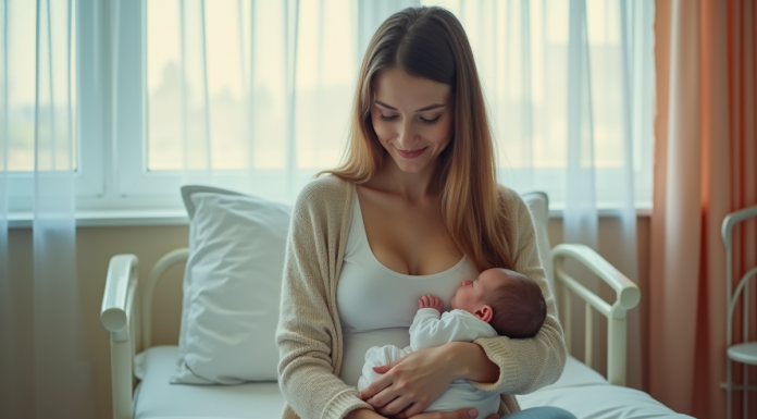 Jeune maman avec bébé dans une maternité des années 1990