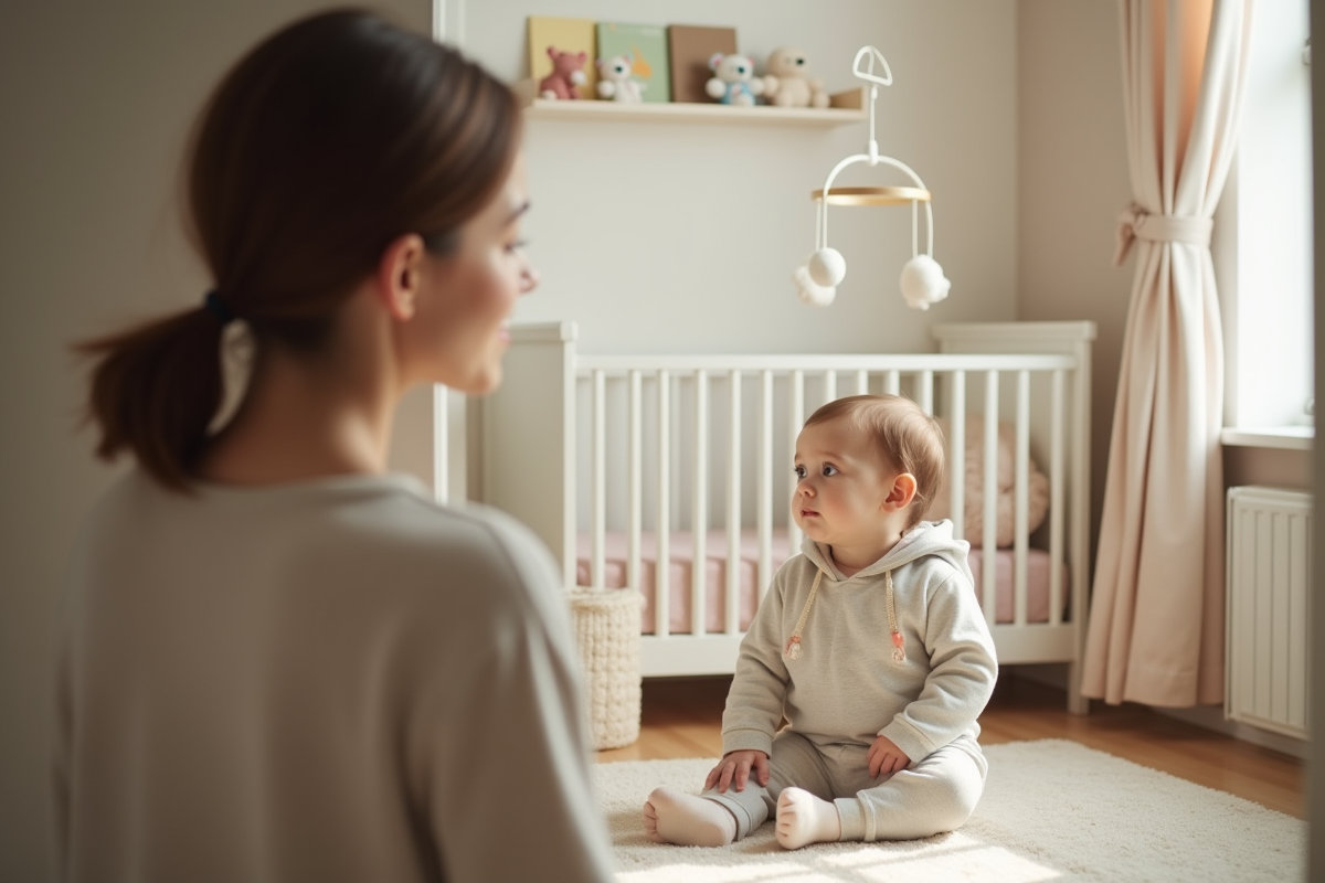 Maman regarde sa fille assise dans le berceau dans la nursery