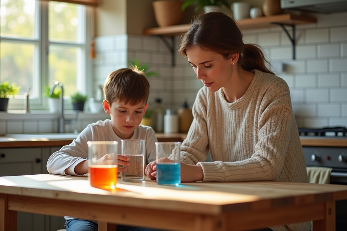 Maman et enfant faisant une expérience scientifique en cuisine