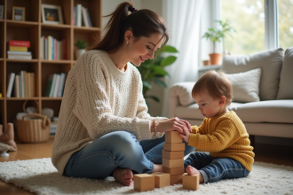 Femme avec son enfant jouant avec des blocs en intérieur