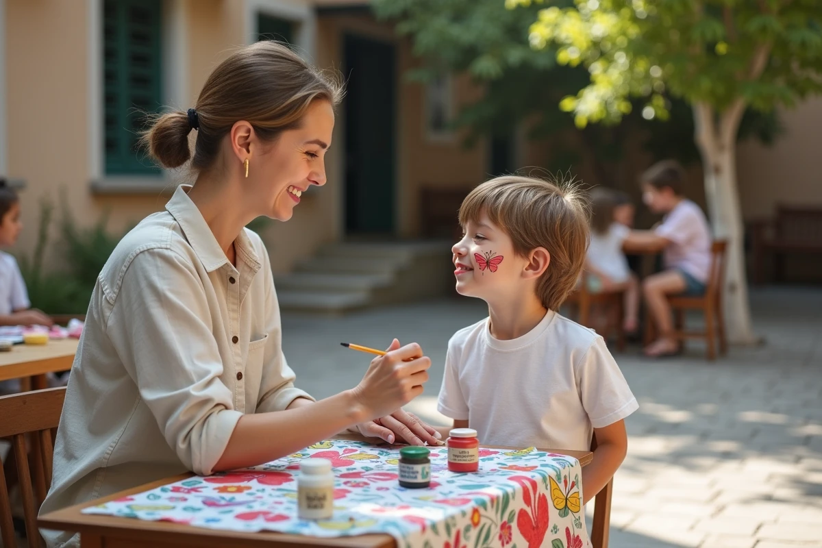 Animatrice réalisant un maquillage papillon sur un enfant lors d'une kermesse d'école
