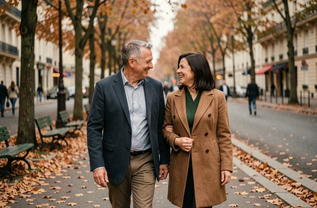 Couple discret se promenant dans Paris en automne, évoquant la vie de couple équilibrée de Marc Toesca