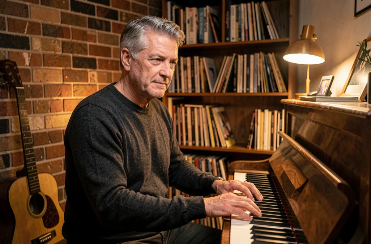 Marc Toesca jouant du piano dans son studio privé, alliant passion musicale et intimité personnelle