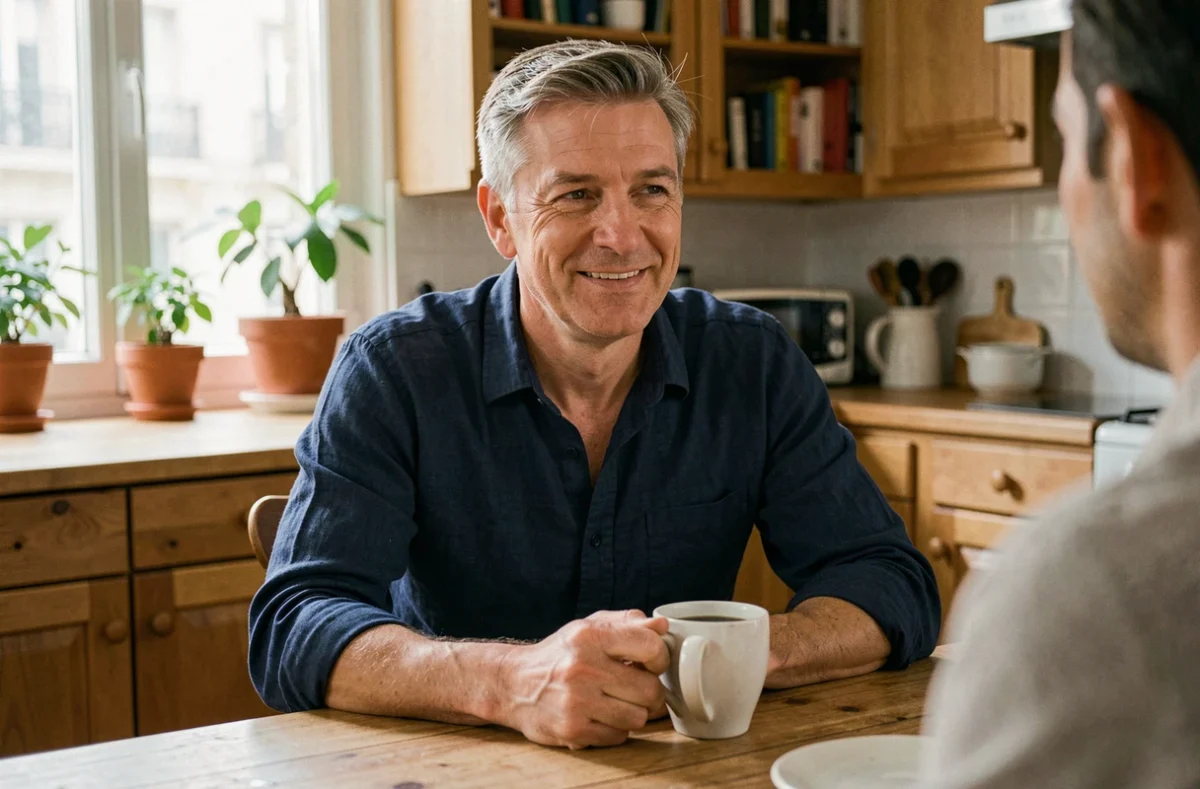 Marc Toesca dans son intérieur parisien, portrait décontracté d'un animateur célèbre dans sa vie privée