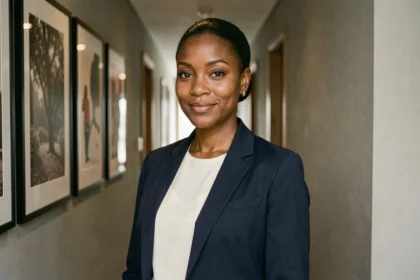 Portrait d'une femme africaine élégante dans un appartement moderne, illustrant la discrétion et la vie privée assumée de Marie Aline Meliyi
