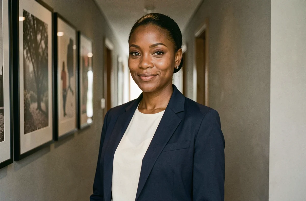 Portrait d'une femme africaine élégante dans un appartement moderne, illustrant la discrétion et la vie privée assumée de Marie Aline Meliyi