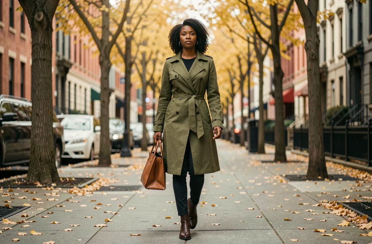 Femme africaine marchant dans une rue arborée en automne, symbolisant l'équilibre entre vie publique et famille préservée pour Marie Aline Meliyi