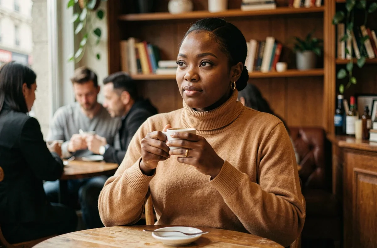Femme africaine élégante attablée dans un café parisien, évoquant l'intimité familiale et la vie discrète de Marie Aline Meliyi loin des projecteurs