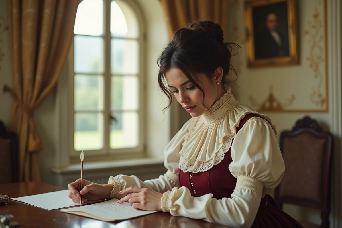 Jeune femme en tenue historique du XIXe siècle lisant une lettre manuscrite dans un intérieur habsbourgeois évoquant Marie Valérie archiduchesse d'Autriche