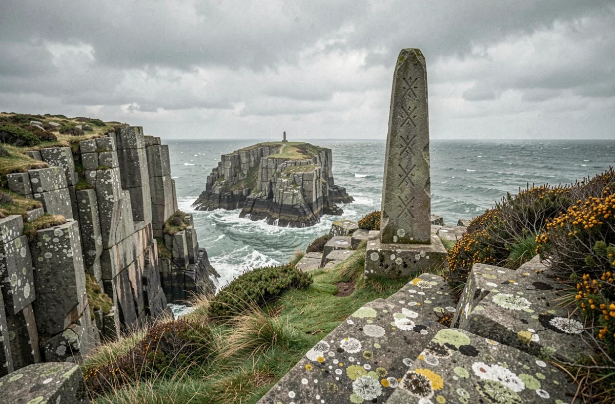 Menhir gravé sur les falaises bretonnes évoquant les origines celtiques et légendaires du prénom Arthur