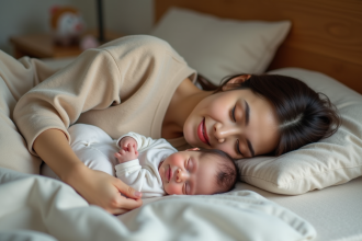Jeune maman allongée avec son bébé endormi dans un lit