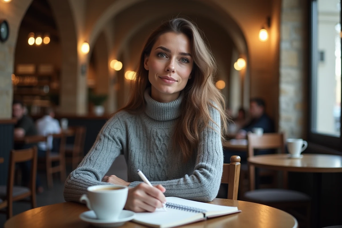 Femme réfléchissant dans un café parisien avec un carnet ouvert, symbolisant la réflexion d'une mère publique sur la protection de la vie privée de ses enfants
