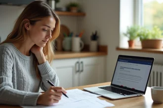 Mère consultant des documents d'assurance scolaire MAE sur son ordinateur portable à la maison