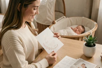 Jeune mère tenant un faire-part de naissance personnalisé imprimé, assise à un bureau en bois avec un bébé endormi en arrière-plan