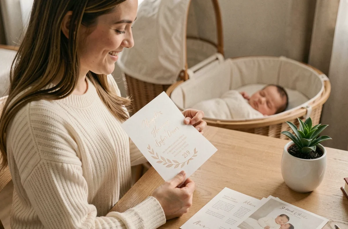 Jeune mère tenant un faire-part de naissance personnalisé imprimé, assise à un bureau en bois avec un bébé endormi en arrière-plan