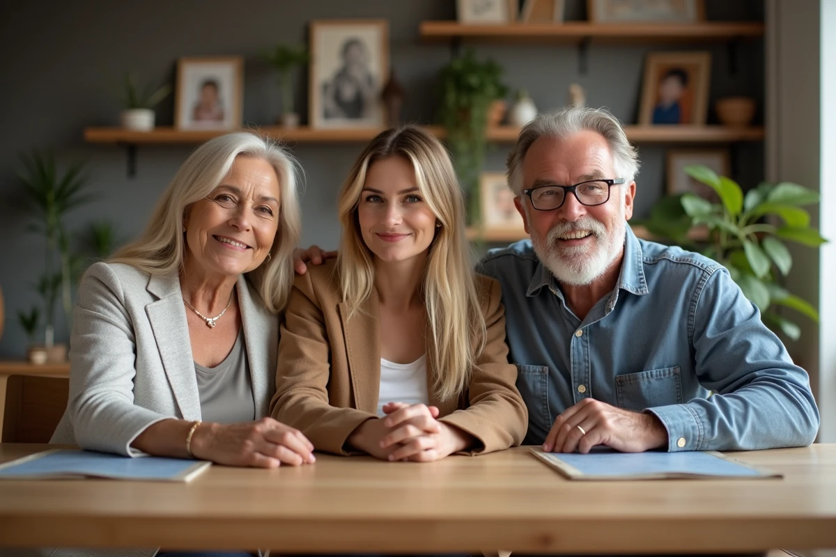 Famille souriante autour d'une table en appartement lumineux